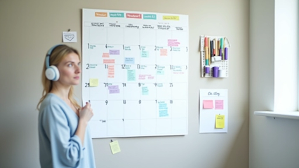Calendrier sur un mur avec dates marquées et montants d'épargne notés, marqueurs colorés et gommettes