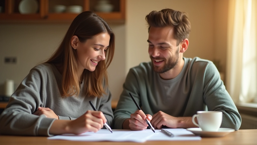 Couple regardant ensemble un document financier ou un calendrier à la table de la cuisine avec un café