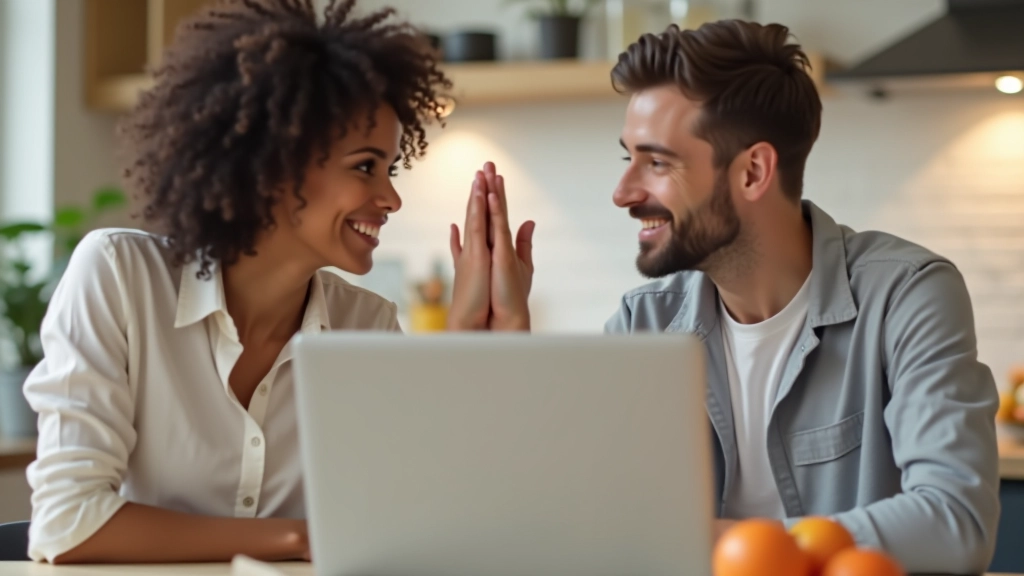 Deux personnes souriantes se donnant un high-five devant un ordinateur portable montrant un compte d'épargne