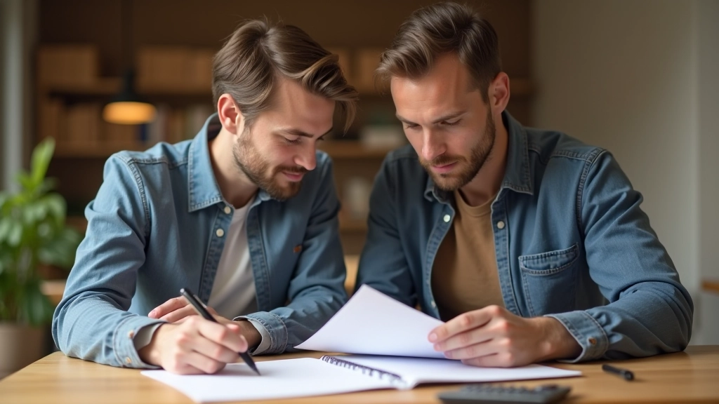 Deux personnes examinant un budget ensemble à une table avec des documents et une calculatrice