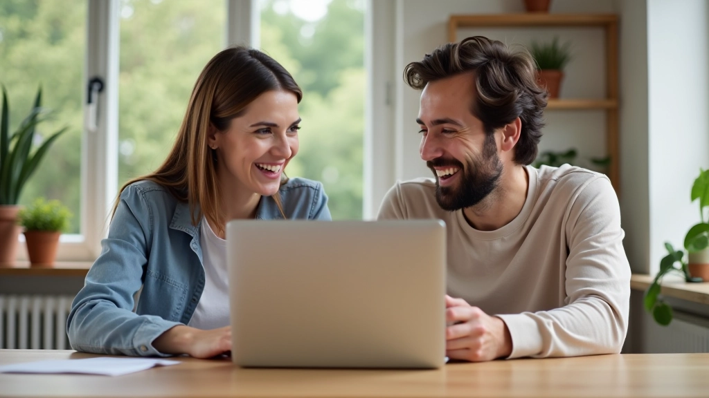 Deux personnes assises à une table en bois avec un ordinateur portable, en train de discuter de finances