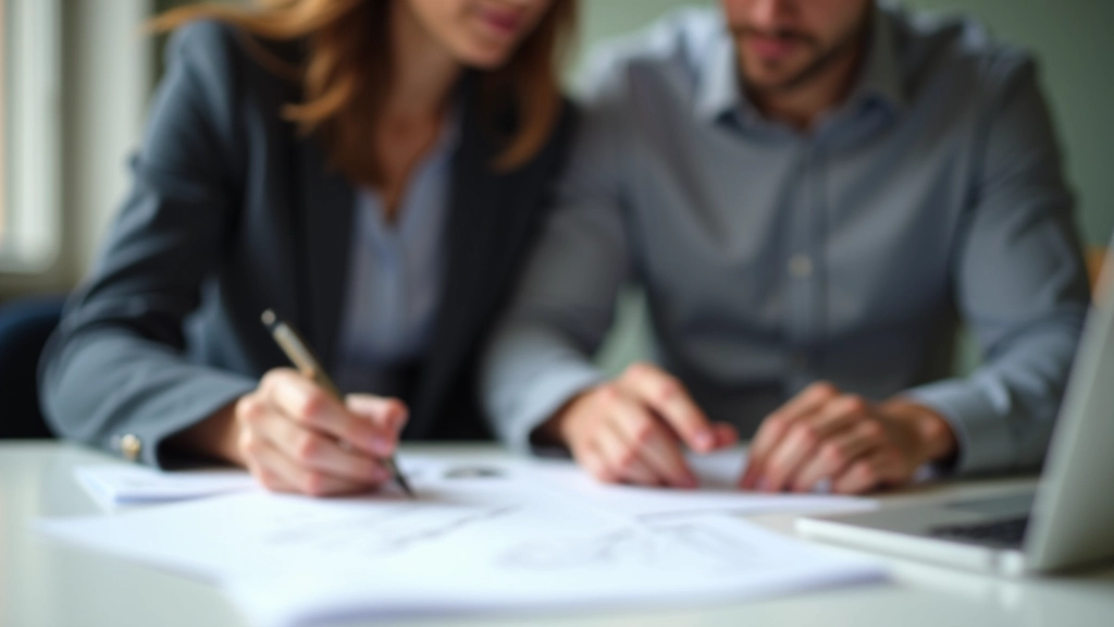 Femme et homme signant un document financier ensemble, dans un cadre professionnel lumineux