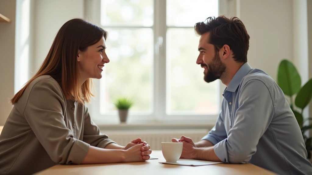 Deux personnes se regardant dans les yeux, souriant légèrement, assises face à face à une table lumineuse