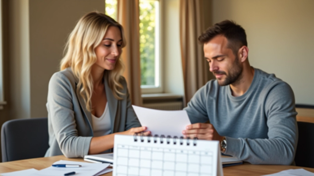 Deux personnes assises à une table avec un calendrier mensuel, un stylo et des documents financiers bien organisés
