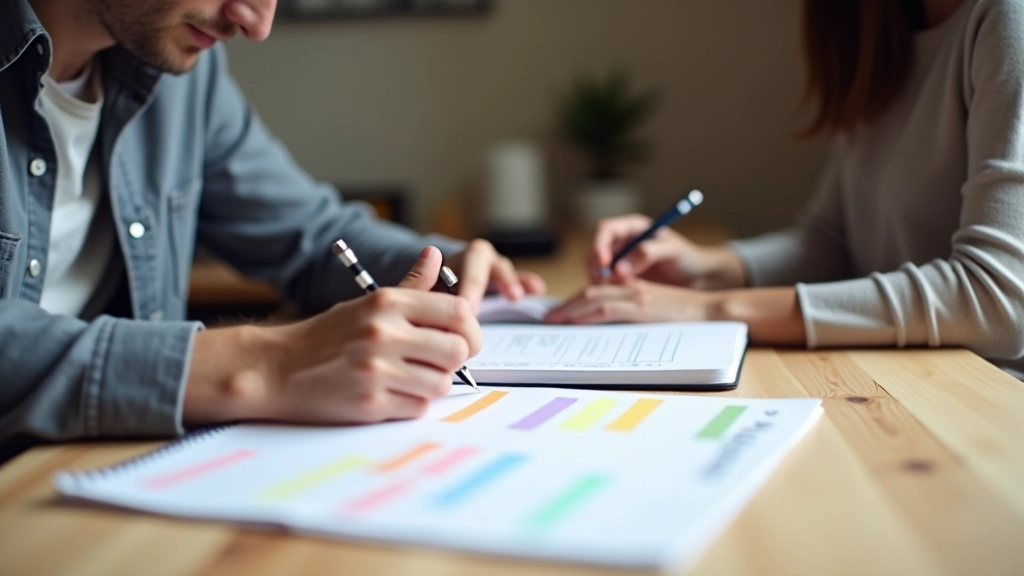 Deux personnes écrivant sur un grand carnet avec des listes et des notes colorées, crayon en main, table en bois