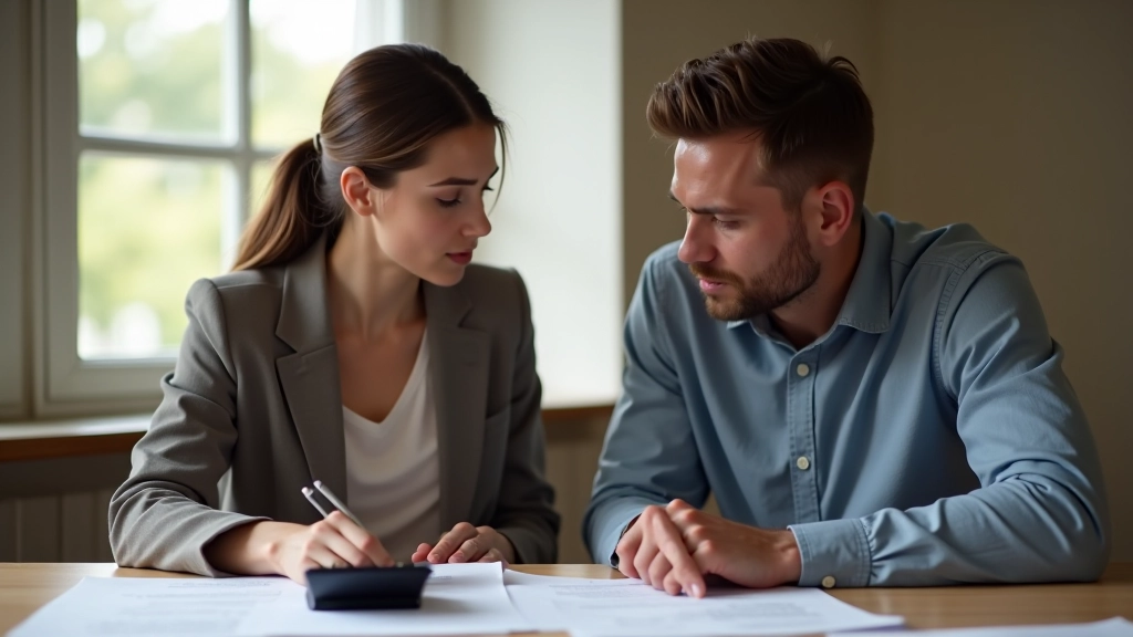 Couple assis à une table en bois avec des documents financiers et une calculatrice, lumière naturelle du jour, discussion sérieuse