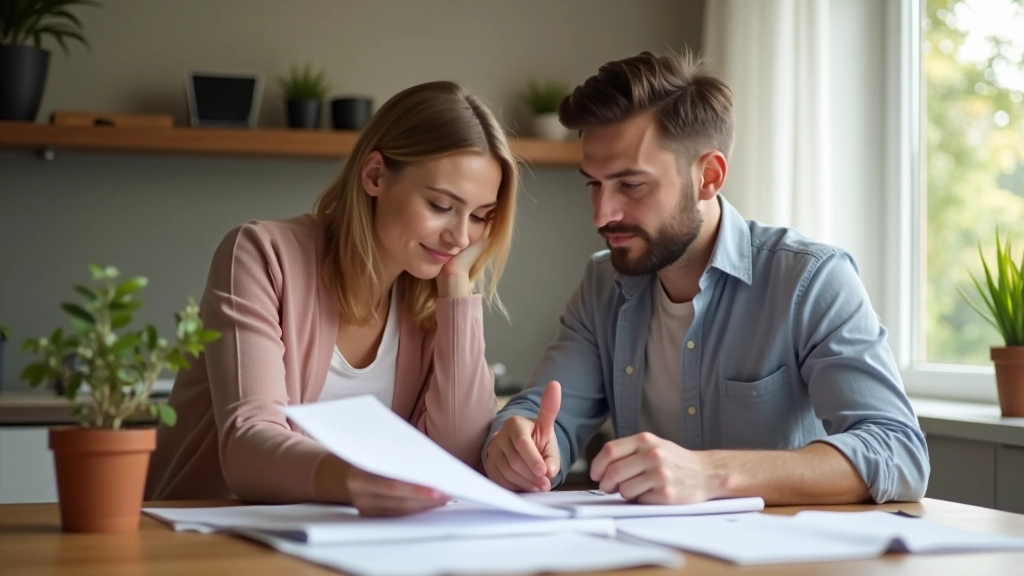 Couple regardant un calendrier et des documents financiers ensemble à la table de cuisine, soleil du matin