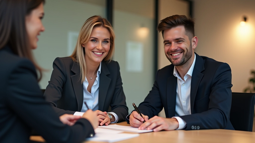 Homme et femme signant des documents bancaires ensemble à un bureau de banque moderne