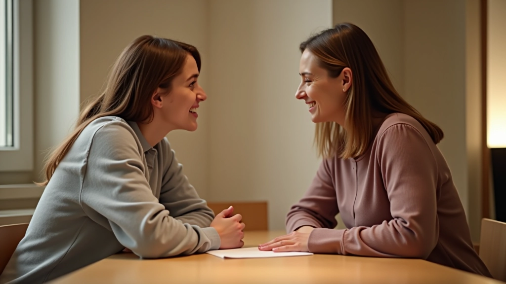 Couple assis ensemble à table, discussion calme sur finances, documents et calculatrice, lumière naturelle douce, atmosphère confiante