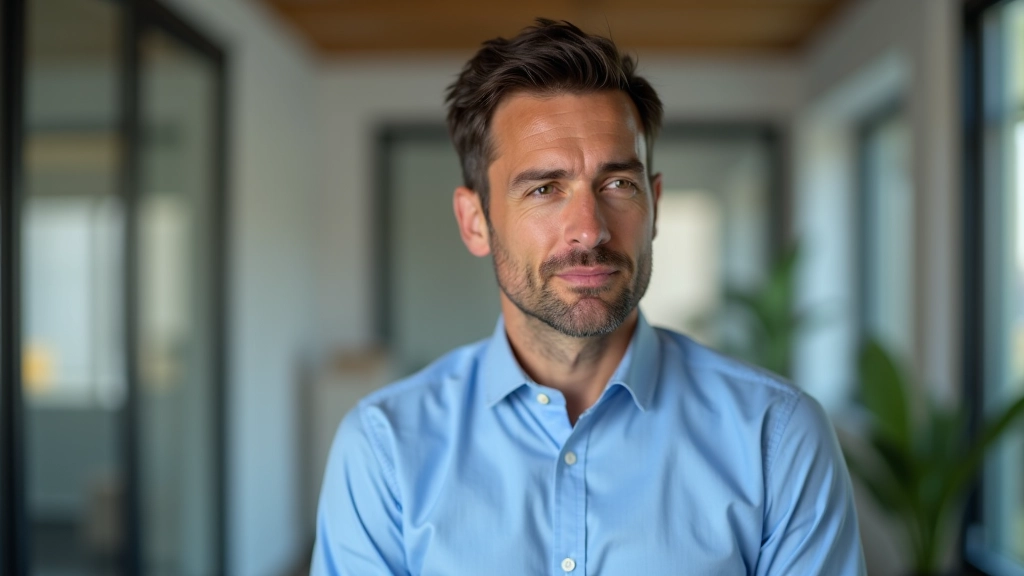 Homme professionnel à son bureau, expression réfléchie, vêtu chemise claire, environnement bureau épuré