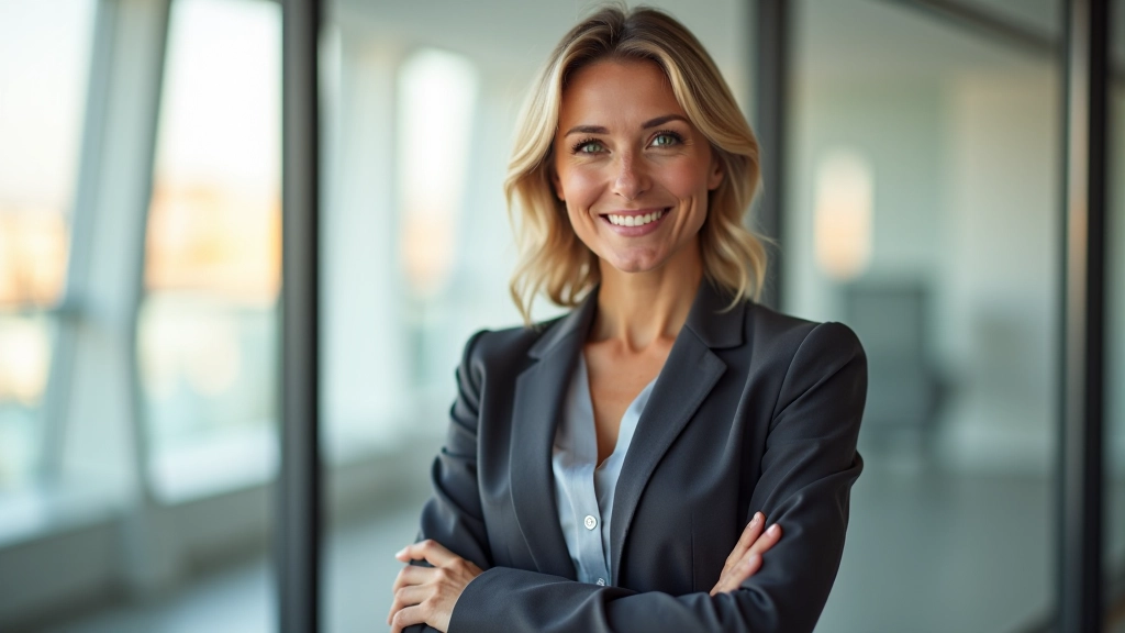 Femme professionnelle à son bureau, sourire confiant, bras croisés, vêtue smartcasual, bureau lumineux moderne